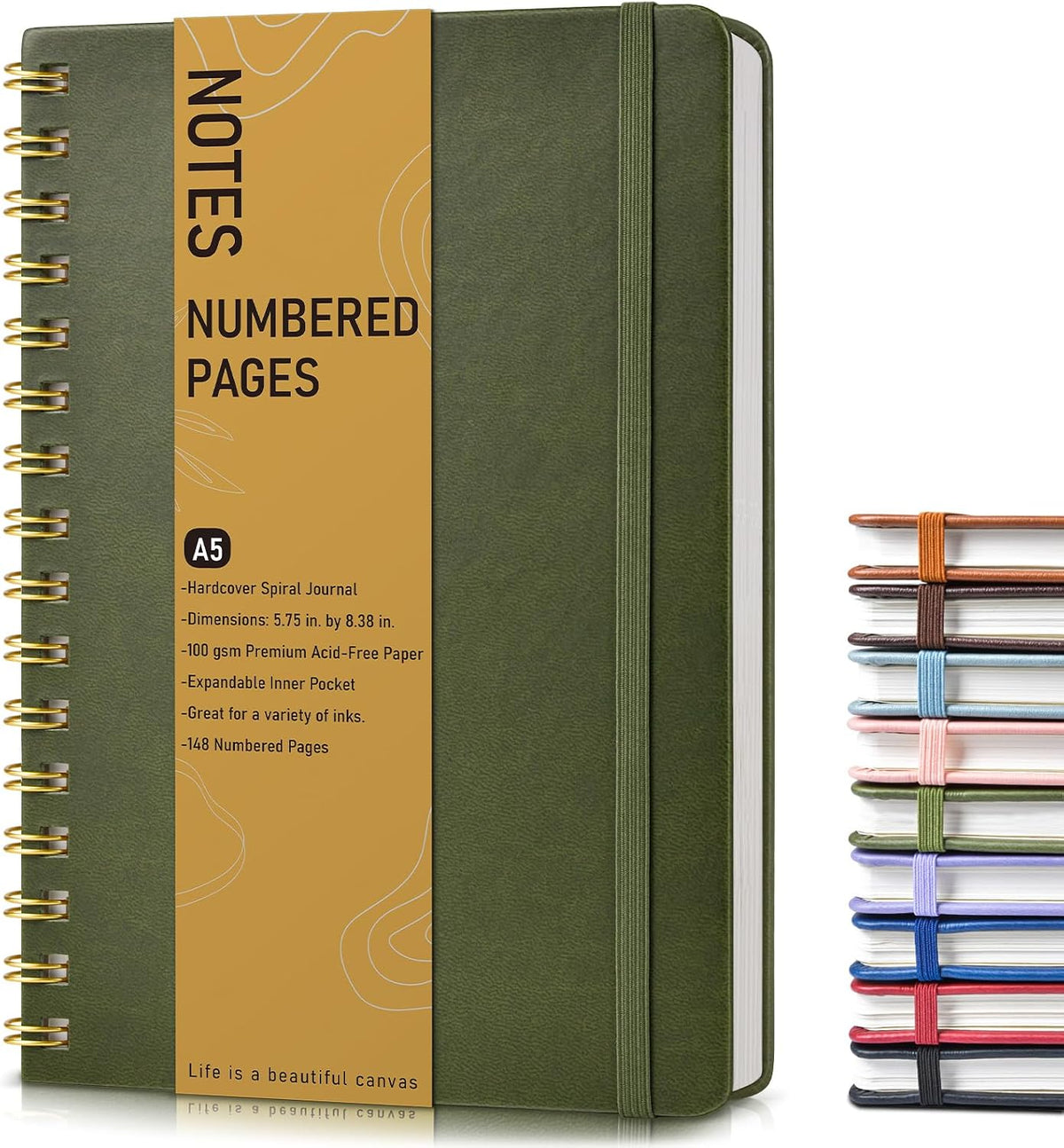 Lined Spiral Journal Notebook, A5 Hardcover Spiral Journals for Women Men, 150 Numbered Pages Spiral Bound Notebook, 100 GSM College Ruled Notebooks for Work, Note Taking 5.75" x 8.38", Olive Green