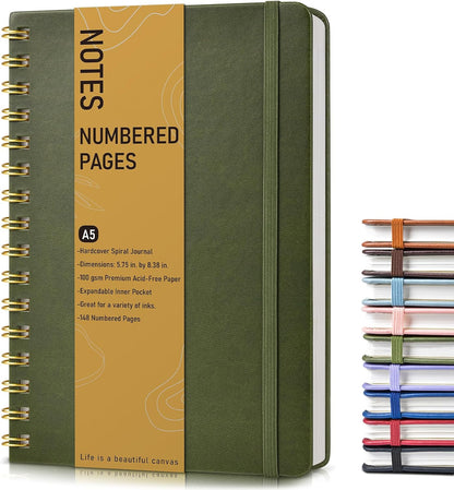 Lined Spiral Journal Notebook, A5 Hardcover Spiral Journals for Women Men, 150 Numbered Pages Spiral Bound Notebook, 100 GSM College Ruled Notebooks for Work, Note Taking 5.75" x 8.38", Olive Green