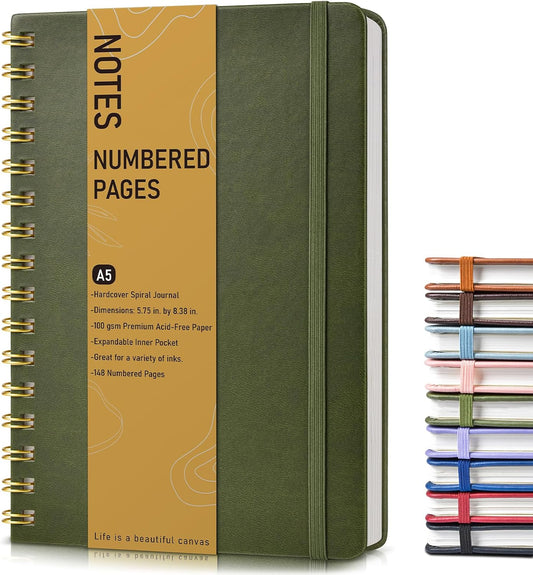 Lined Spiral Journal Notebook, A5 Hardcover Spiral Journals for Women Men, 150 Numbered Pages Spiral Bound Notebook, 100 GSM College Ruled Notebooks for Work, Note Taking 5.75" x 8.38", Olive Green