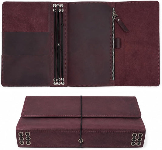 Leather Journal Cover A5 - Refillable Notebook Cover with 6 Elastic Bands, Zipper Pocket & Card Pockets, Leather Traveler Notebook Cover, Fits 5.8"x8.3" Inserts (Paper Not Included), Burgundy