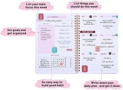 Thboxes A5 Weekly Planner Notebook, 52 Week Undated Journal for Women, Pink