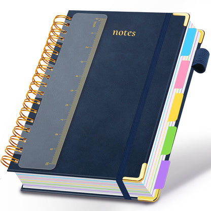 Hardcover Spiral Notebook 8"x10" Journal Notebook with Tabs and Removable Dividers 300 Pages 5 Subject Notebook College Ruled, Faux Leather Spiral Bound Notebook for Women School Work (Blue)