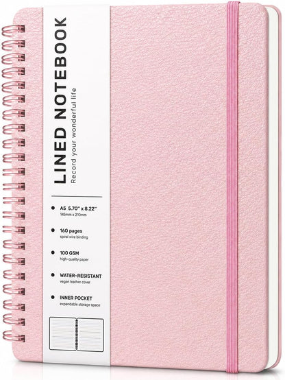 Lined Spiral Notebook for Women, A5 College Ruled Leather Spiral Journals