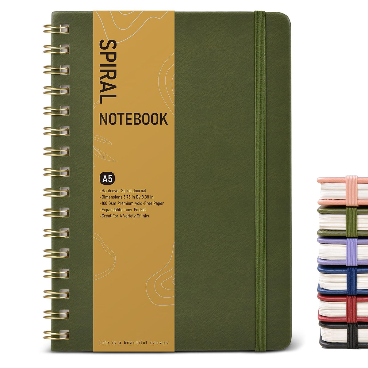 Lined Spiral Journal Notebook, A5 Hardcover Spiral Journals for Women Men, 150 Numbered Pages Spiral Bound Notebook, 100 GSM College Ruled Notebooks for Work, Note Taking 5.75" x 8.38", Olive Green
