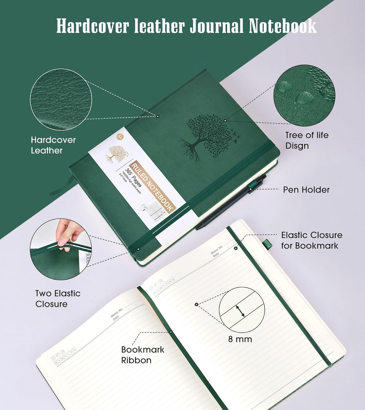 Lined Journal Notebook -365 Pages A5 Thick Journals for Writing Ruled Notebook, Hardcover Leather Journal for Women Men Daily Journal Notebook for Work, Note Taking, 100Gsm Lined Paper( 5.75'' X 8.38'' Green)