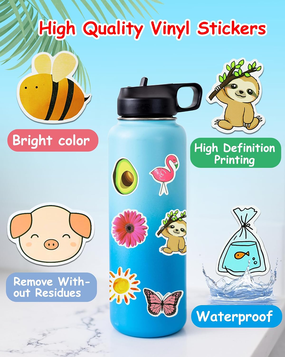 200 Pcs Cute Aesthetic Water Bottle Stickers for Kids, Waterproof Vinyl