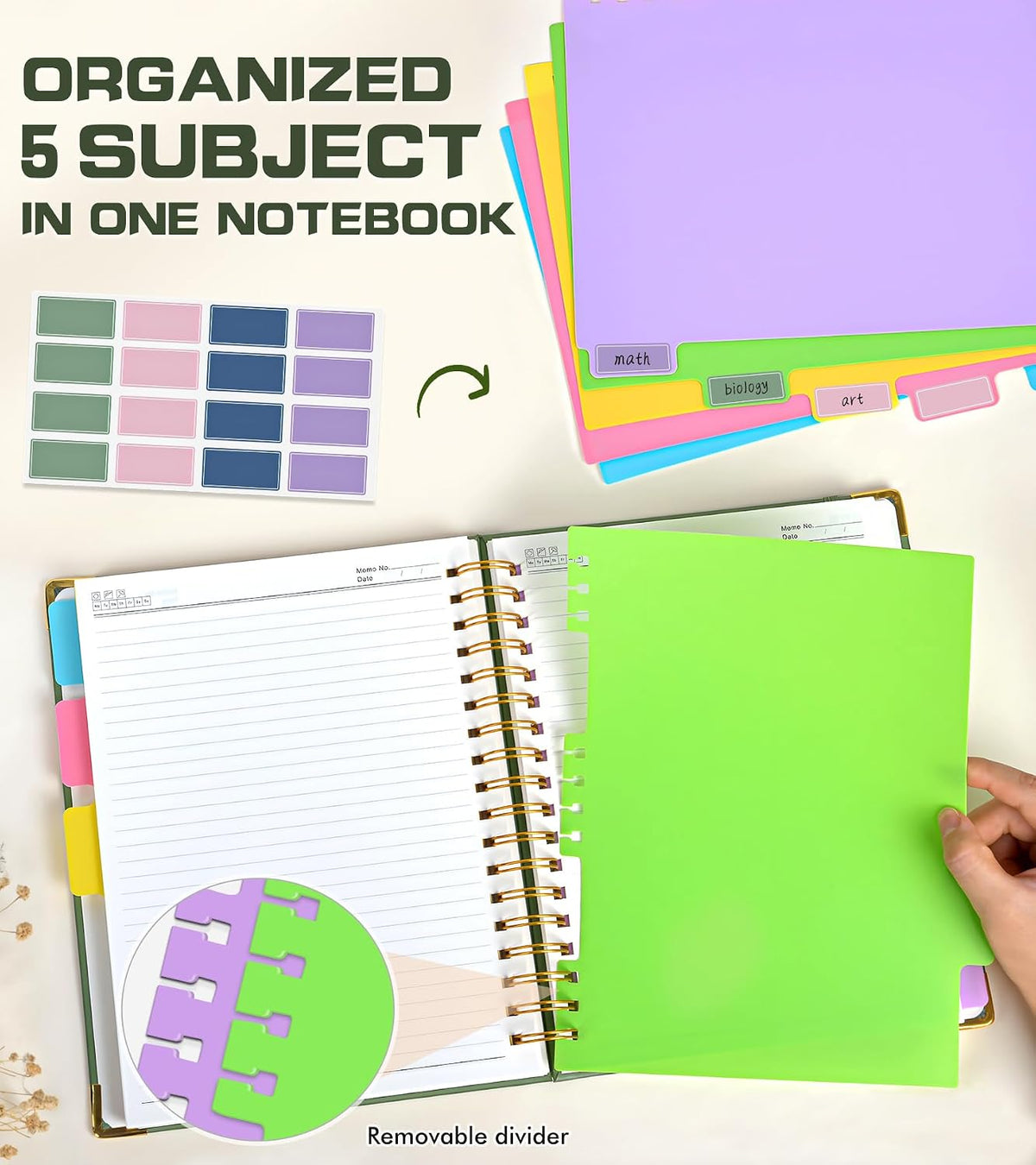 5 Subject Spiral Notebook Journal with Removable Dividers Tabs, 300 Pages Organizer Notebooks for Work School, 8"x10" Hardcover Leather Notebook College Ruled, Large Lined Journal for Women Men,Green