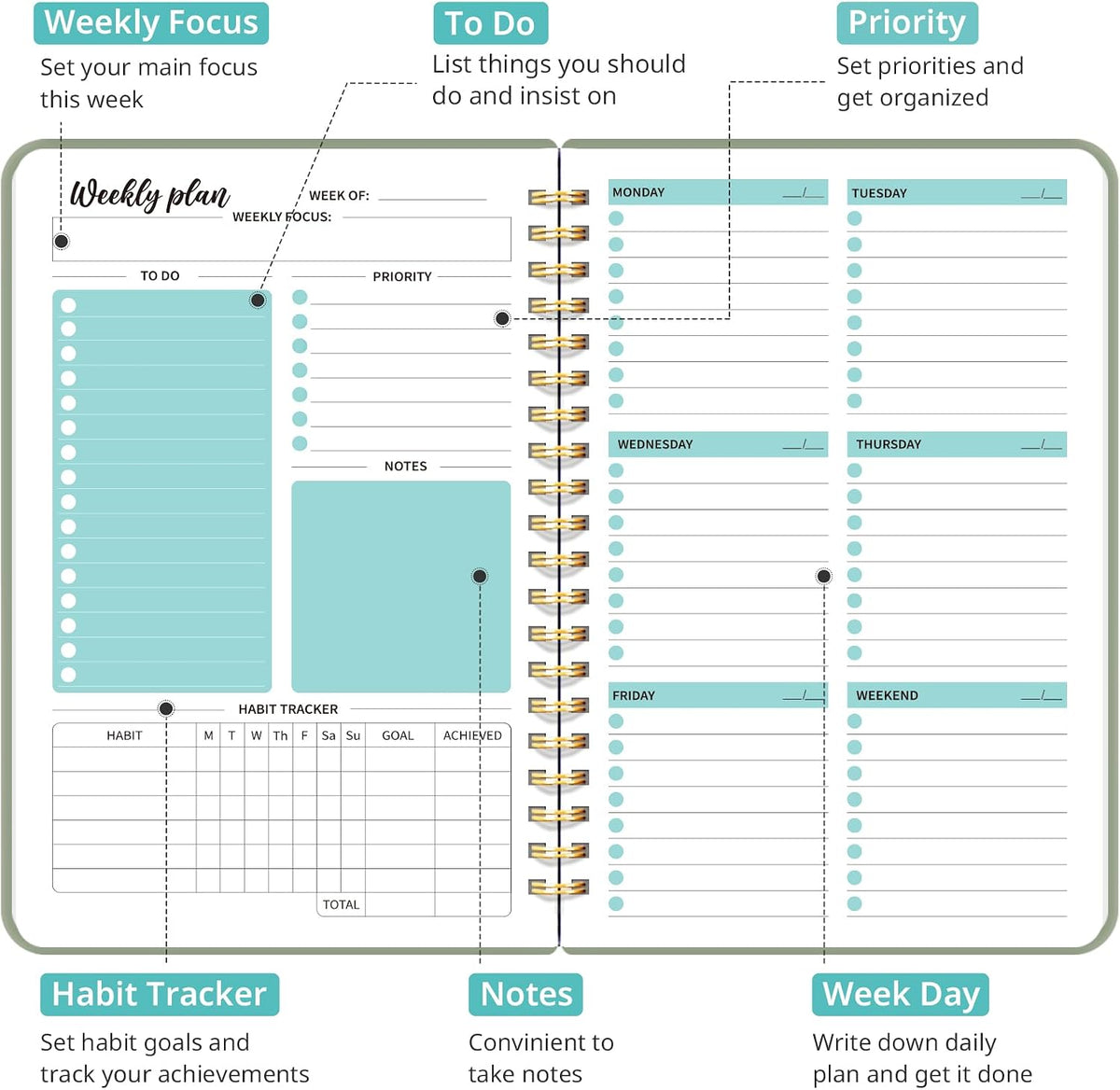 Taja Undated Weekly Planner, To Do List Notebook with Habit Tracker, A5