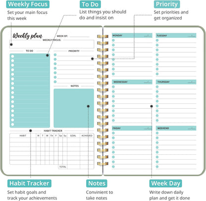Taja Undated Weekly Planner, To Do List Notebook with Habit Tracker, A5