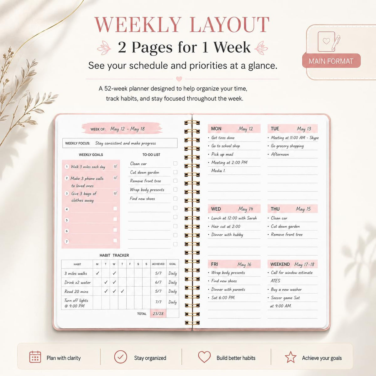 Undated Weekly Planner With Habit Tracker & To Do List 5.7 x 8.0 inch
