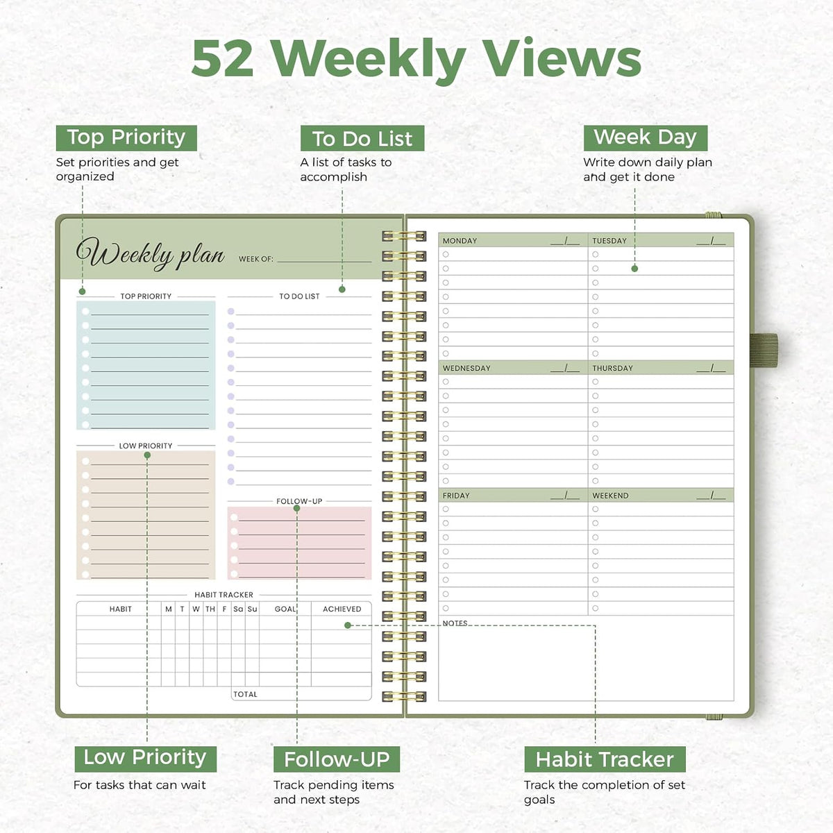 Oucaru Undated Weekly Planner A5, 52-Week Goal & Habit Tracker Notebook