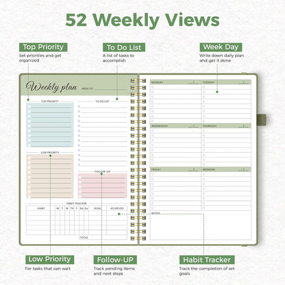 Oucaru Undated Weekly Planner A5, 52-Week Goal & Habit Tracker Notebook