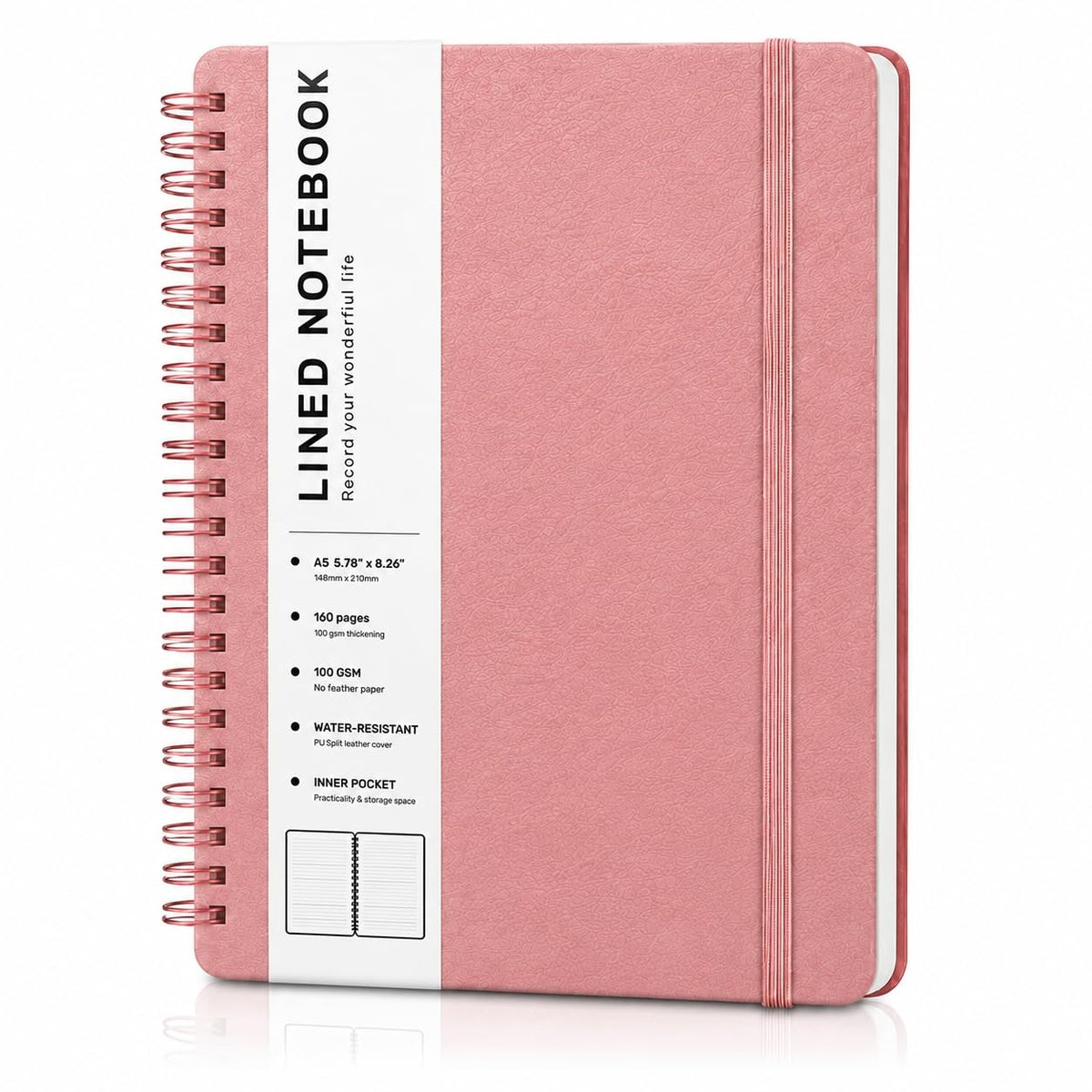 Lined Spiral Notebook for Women, A5 College Ruled Leather Spiral Journals