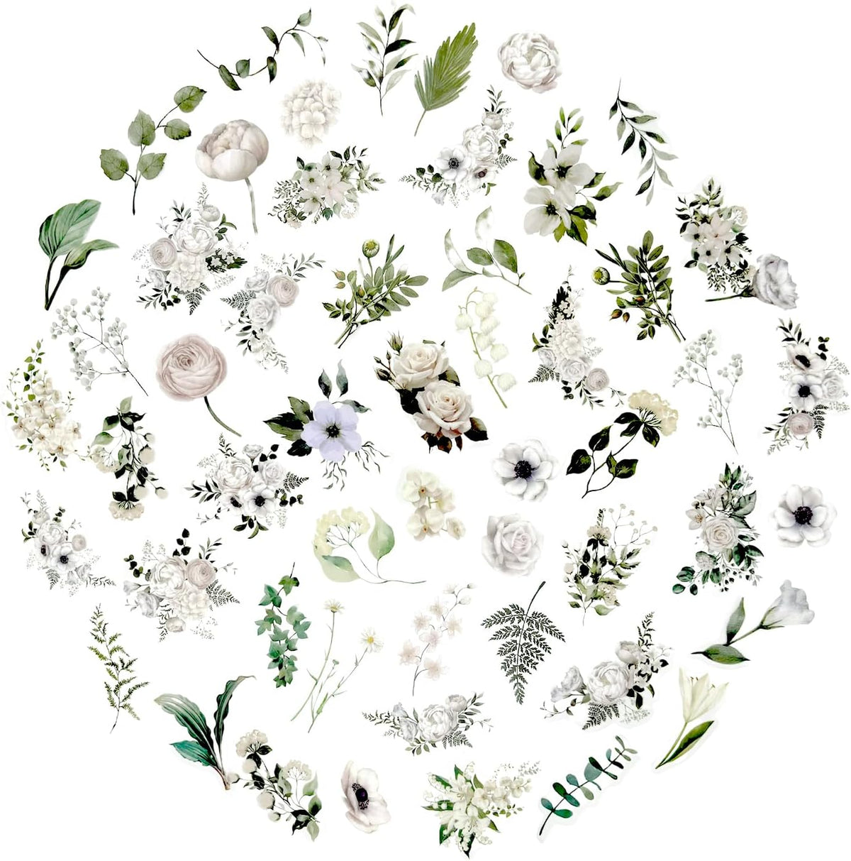 100 Pcs Daisy Camellia Stickers, White Flower Stickers for Scrapbooking Junk Journal Notebook Diary Planner Letter Envelope Water Bottle Phone Case Craft Decoration, 50 Patterns