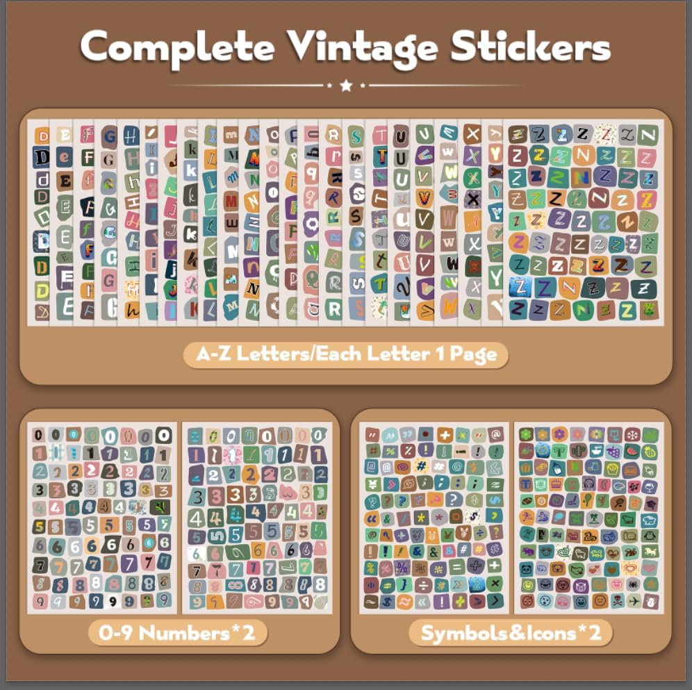 2000Pcs Vintage Letter Stickers Book, Scrapbook Supplies for Journaling DIY