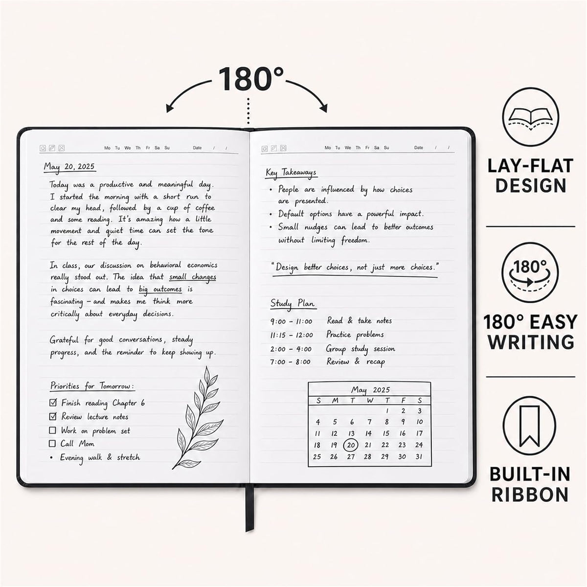 SUIN A5 Hardcover Lined Journal Notebook, Black, 1 Pack, 200 Pages
