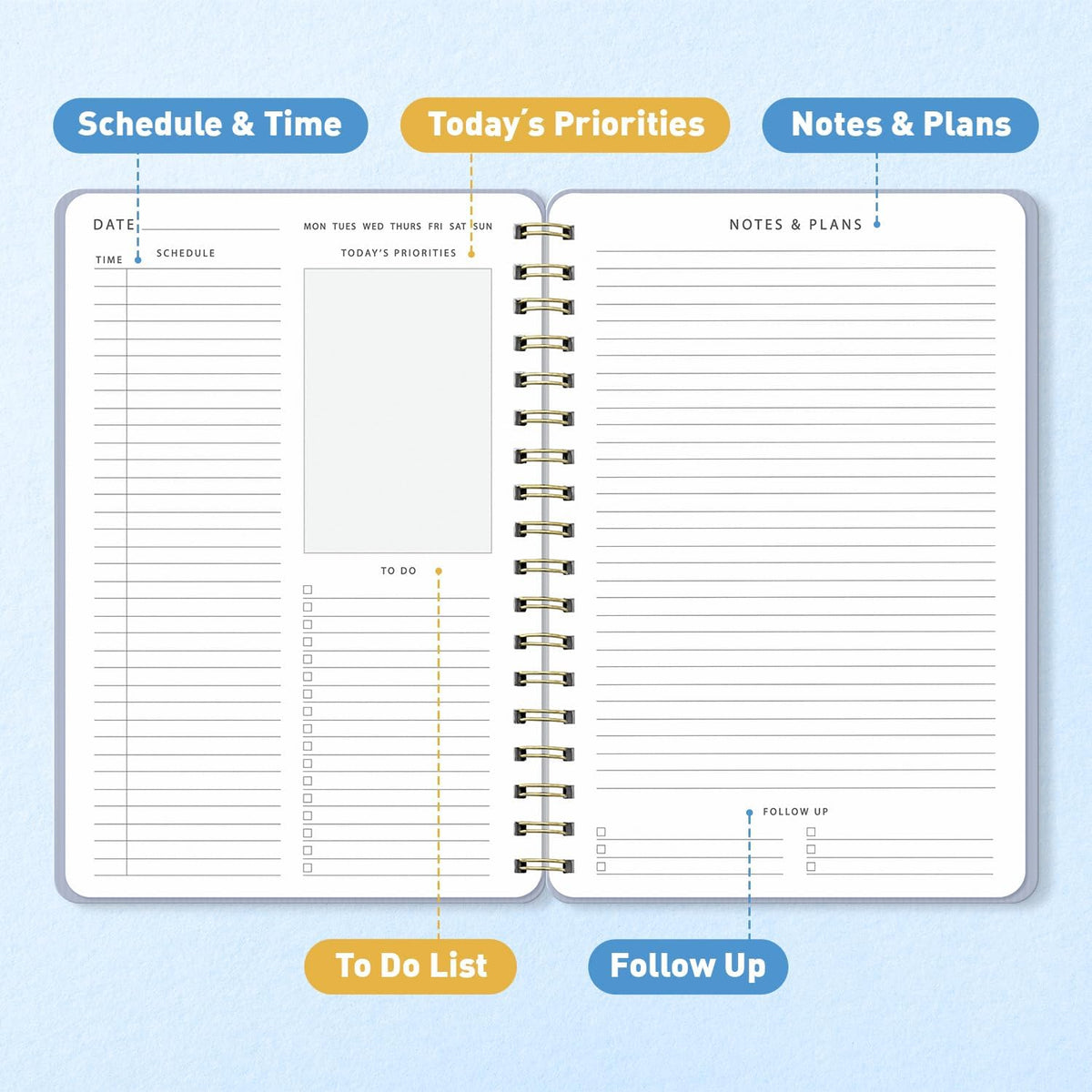 Sweetzer & Orange Daily Planner Notebook – Undated Two-Page Daily Layout with Hourly Schedule, To-Do List, Priorities, and Notes – 6.5" x 9.5" Spiral Bound Productivity Organizer – 160 Pages