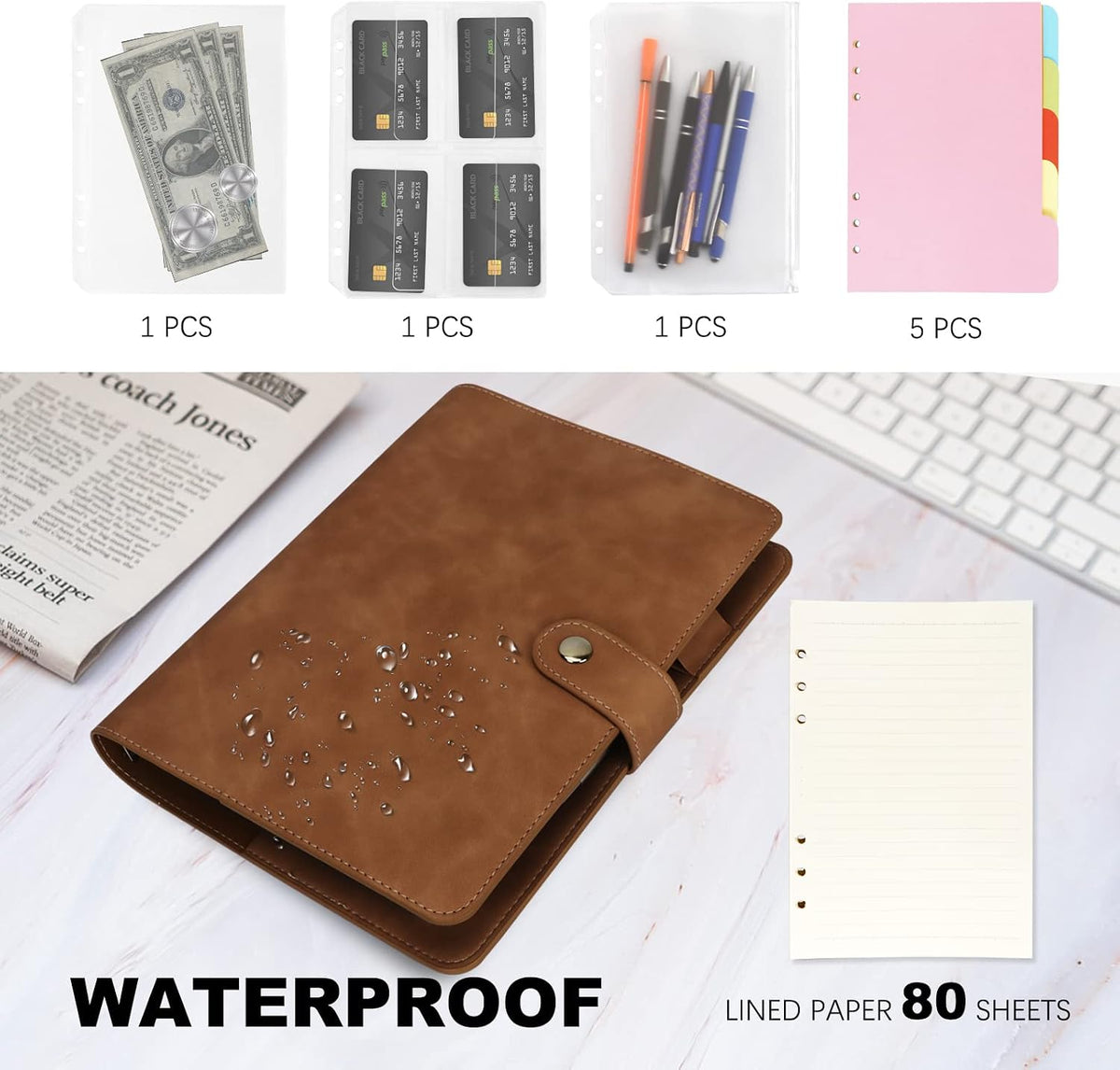 FYY A5 Binder Refillable Planner Notebook 6 Ring, Brown