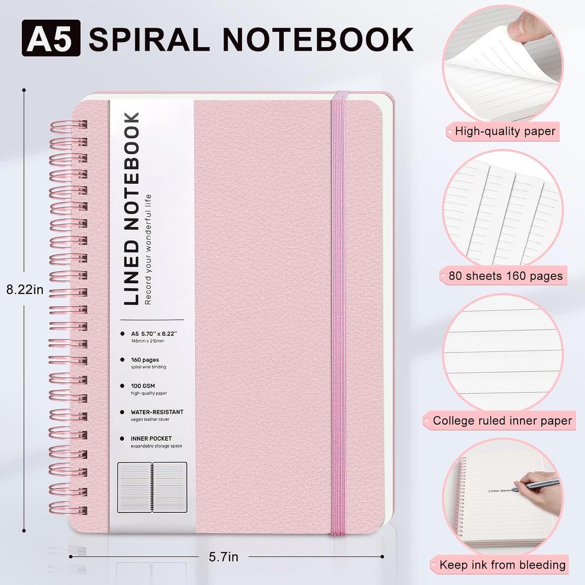 Lined Spiral Notebook for Women, A5 College Ruled Leather Spiral Journals