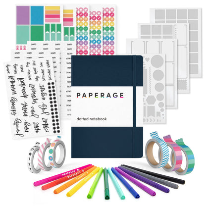 PAPERAGE Journaling & Scrapbooking Kit with Vegan Leather Cover, Office Stationery Supplies Including The Notebook with Dotted Pages, Fineliner Pens, Sticker Sets, Stencil Sheets, Washi Tapes, Planner for Bujo Aesthetic