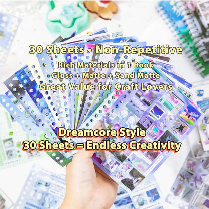 2 Styles 30 Sheets Dreamcore Aesthetic Sticker Book – Frutiger Aero Die-Cut Glossy Matte Textured Stickers for Journaling, Scrapbooking, Collage Art & INS Softcore Decor Premium Coated Paper Dreamy Spread