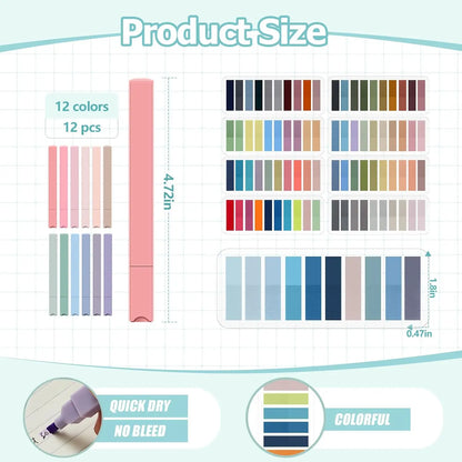 Synthetic High-Count Large Book Annotation Set - 1800 Sticky Note Index Tabs, 12 Morandi Pastel Aesthetic Highlighters, Page Flags for School Office File Classification