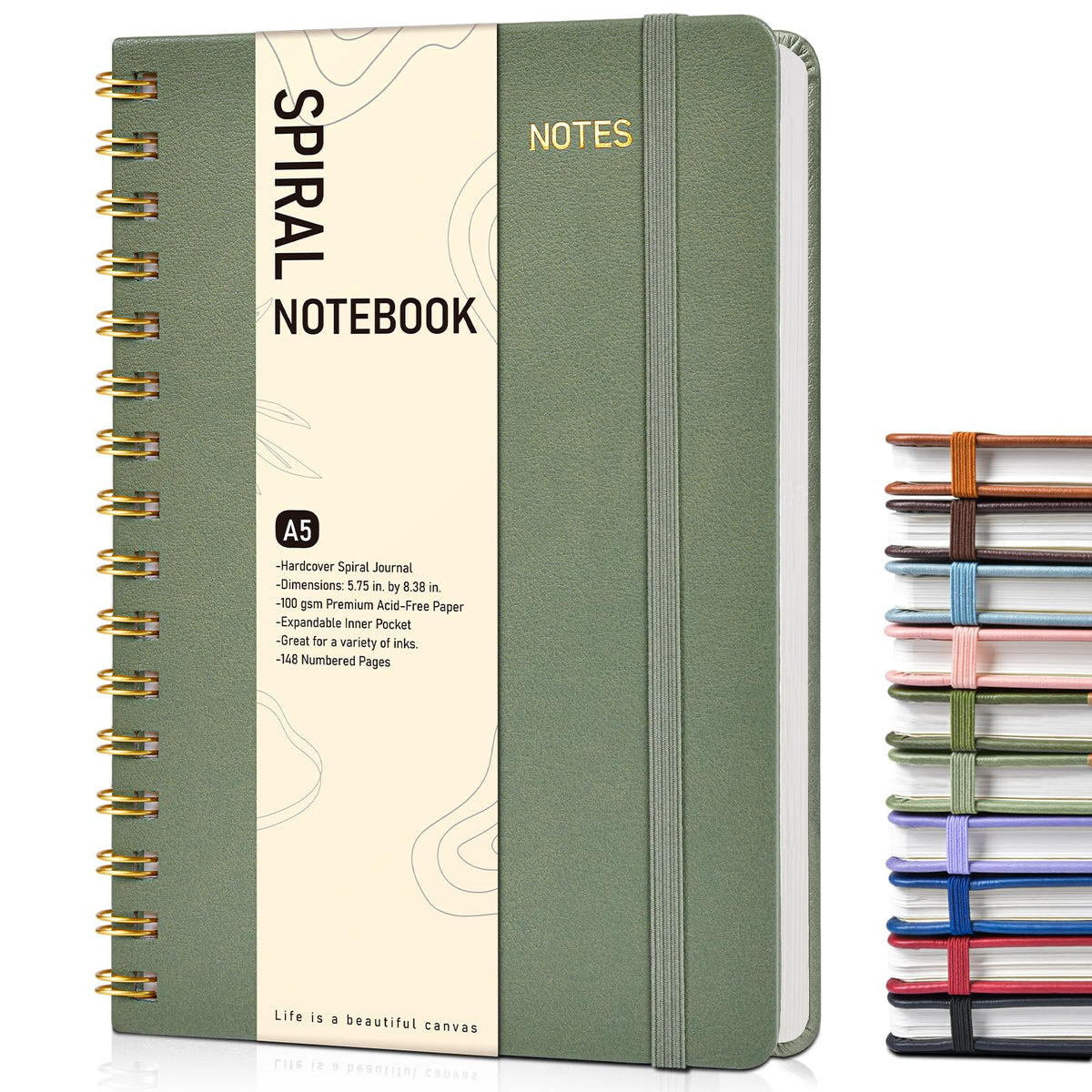 Lined Spiral Journal Notebook, A5 Hardcover Spiral Journals for Women Men, 150 Numbered Pages Spiral Bound Notebook, 100 GSM College Ruled Notebooks for Work, Note Taking 5.75" x 8.38", Olive Green