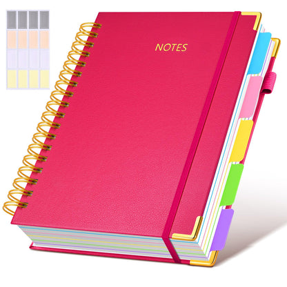 Hardcover Spiral Notebook journal with Removable Dividers Tabs, 300 Pages Leather 5 Subject Notebook College Ruled, 8"x10" Large B5 Notebooks for Work School Note taking, Lined Journal for Women,Pink