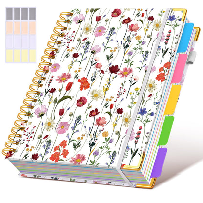 Hardcover Spiral Notebook journal with Removable Dividers Tabs, 300 Pages Leather 5 Subject Notebook College Ruled, 8"x10" Large B5 Notebooks for Work School Note taking, Lined Journal for Women,Pink
