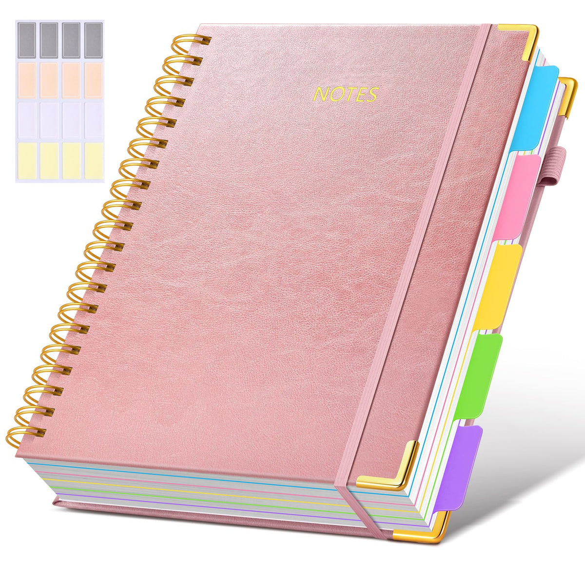 Hardcover Spiral Notebook journal with Removable Dividers Tabs, 300 Pages Leather 5 Subject Notebook College Ruled, 8"x10" Large B5 Notebooks for Work School Note taking, Lined Journal for Women,Pink