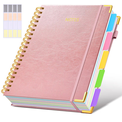Hardcover Spiral Notebook journal with Removable Dividers Tabs, 300 Pages Leather 5 Subject Notebook College Ruled, 8"x10" Large B5 Notebooks for Work School Note taking, Lined Journal for Women,Pink