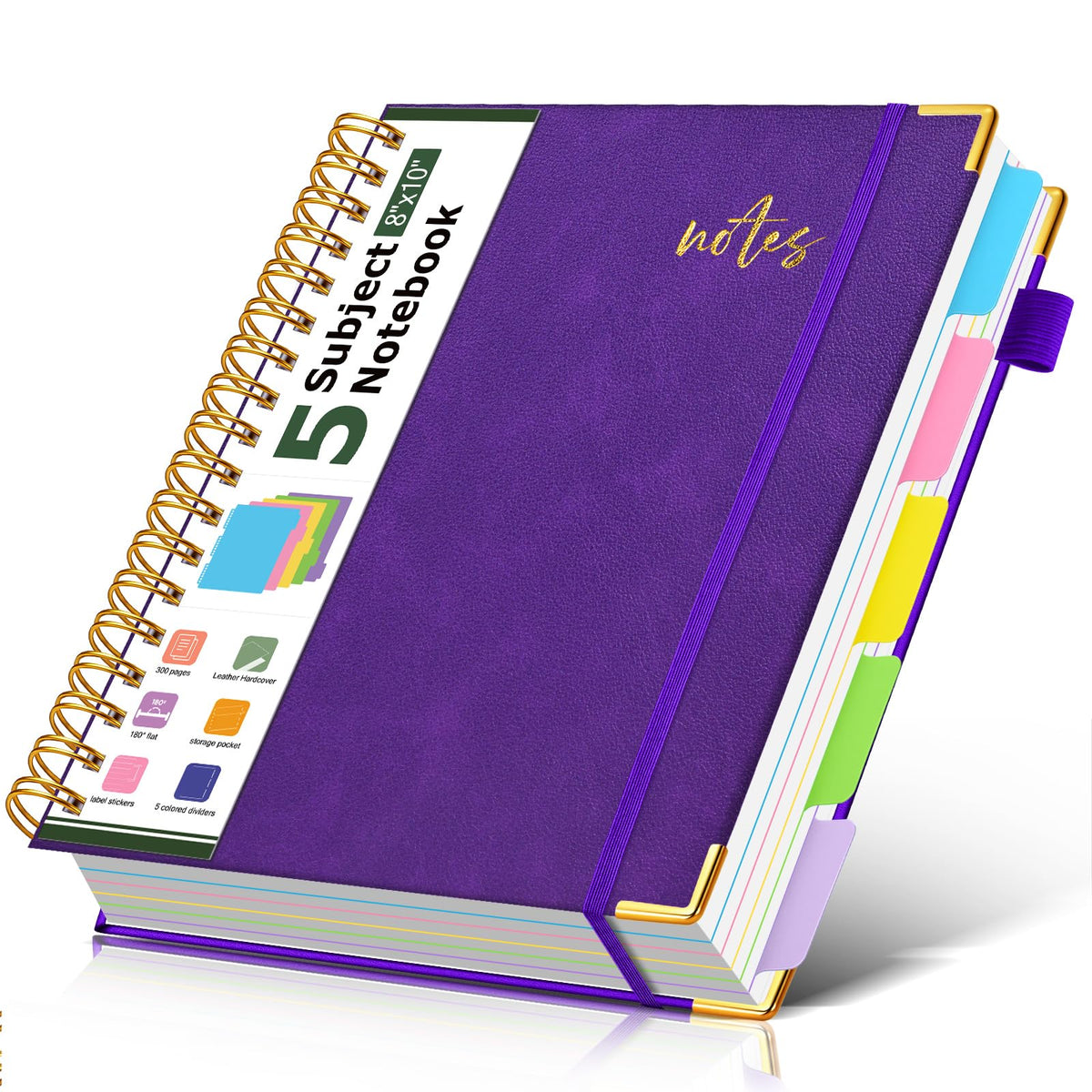 5 Subject Spiral Notebook Journal with Removable Dividers Tabs, 300 Pages Organizer Notebooks for Work School, 8"x10" Hardcover Leather Notebook College Ruled, Large Lined Journal for Women Men,Green