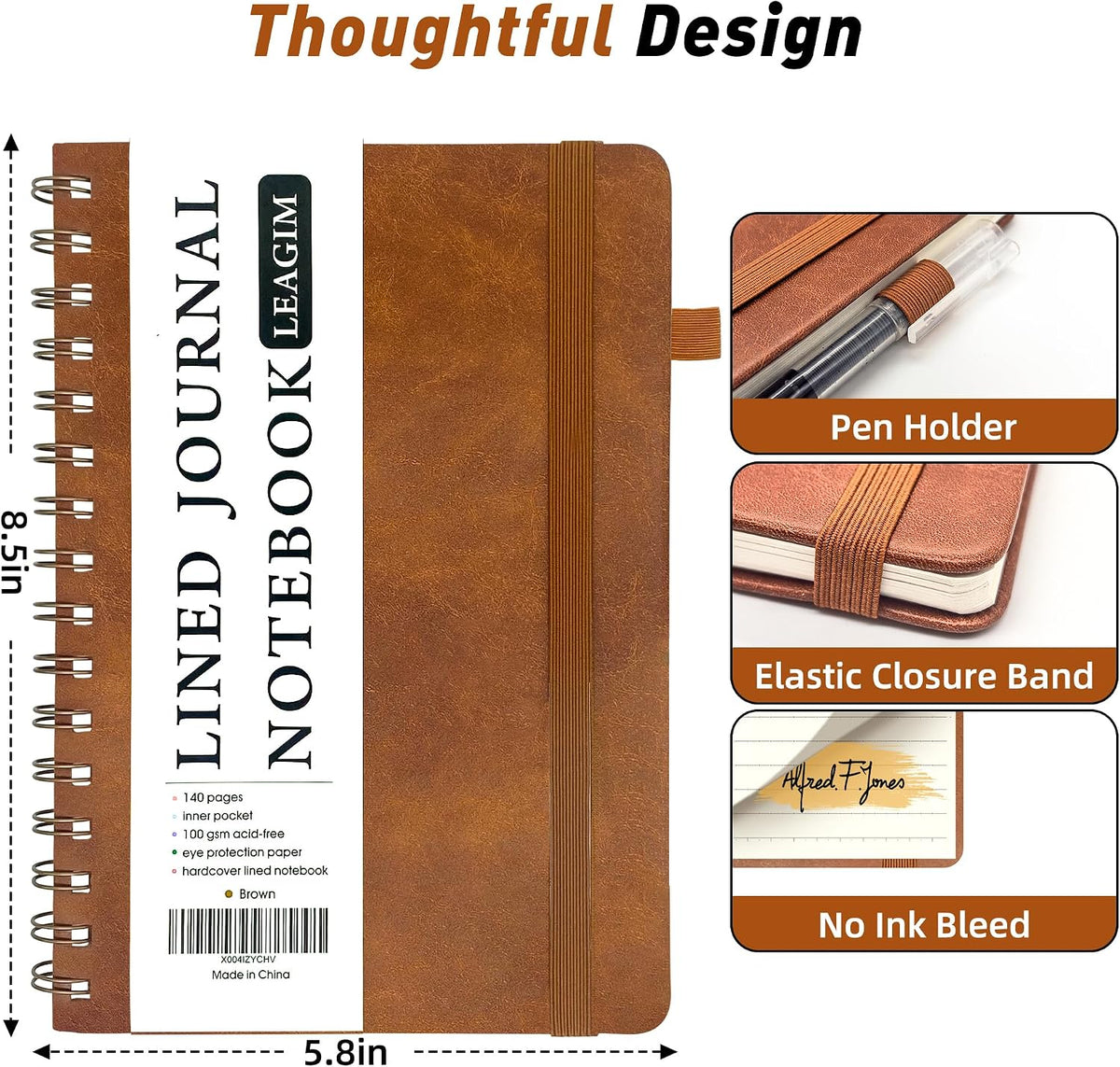 LEAGIM Lined Spiral Journal Notebook for Women & Men, College Ruled Hardcover Notebook for Work & Note Taking, Journals for Writing, 100 GSM, Business, School, 140 Pages, A5(5.8"x8.5") - Brown