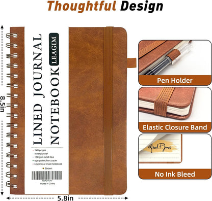LEAGIM Lined Spiral Journal Notebook for Women & Men, College Ruled Hardcover Notebook for Work & Note Taking, Journals for Writing, 100 GSM, Business, School, 140 Pages, A5(5.8"x8.5") - Brown