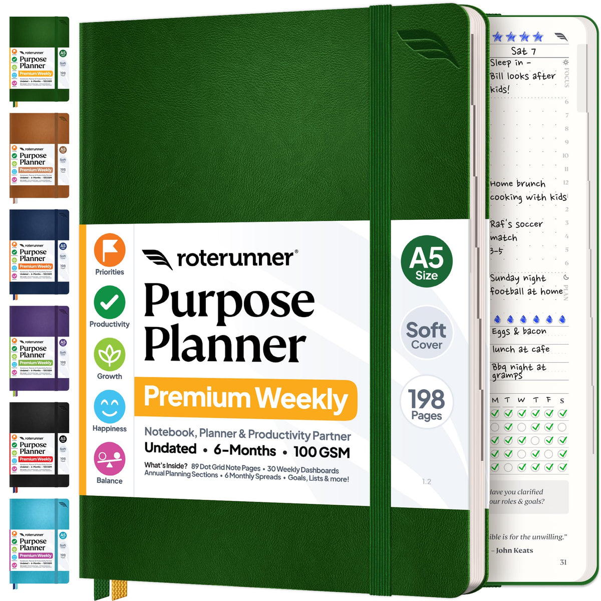Roterunner Purpose Planner Notebook A5 5.8”x8.3” Undated 2026 Daily Weekly and Monthly Productivity Goal Setting Tool for Work Home ADHD Planner for Adults Self Care Journal (Tan Hardcover)