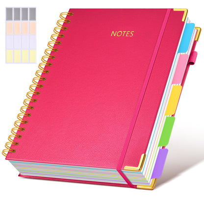Hardcover Spiral Notebook journal with Removable Dividers Tabs, 300 Pages Leather 5 Subject Notebook College Ruled, 8"x10" Large B5 Notebooks for Work School Note taking, Lined Journal for Women,Pink