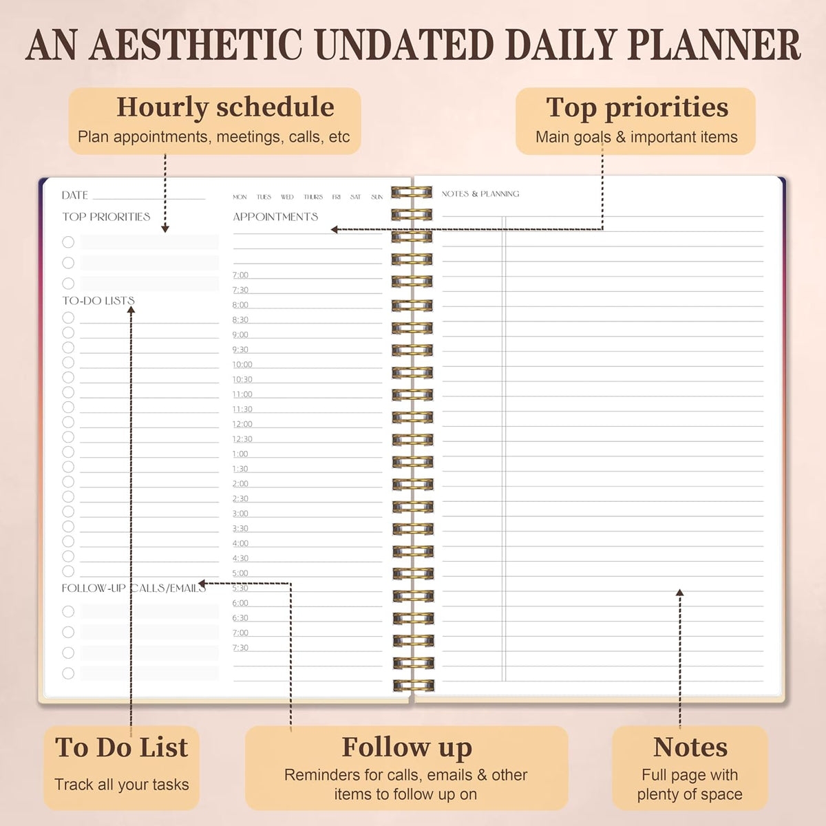 TREES Undated Daily Planner, 80-Day To-Do List with Hourly Schedule