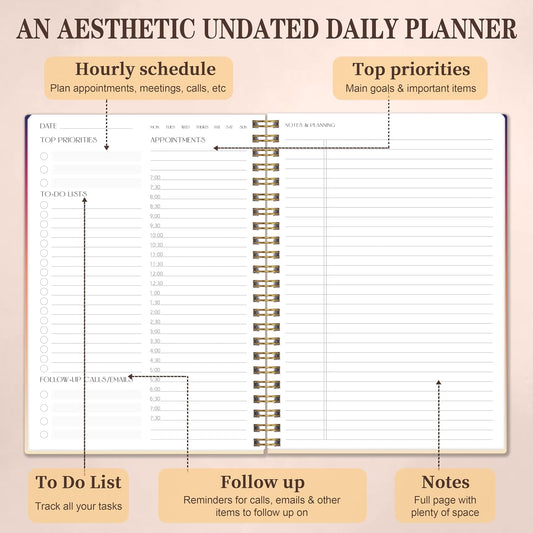 TREES Undated Daily Planner, 80-Day To-Do List with Hourly Schedule