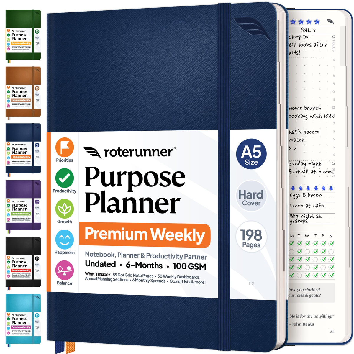 Roterunner Purpose Planner Notebook A5 5.8”x8.3” Undated 2026 Daily Weekly and Monthly Productivity Goal Setting Tool for Work Home ADHD Planner for Adults Self Care Journal (Tan Hardcover)