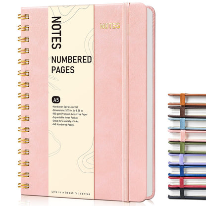 Lined Spiral Journal Notebook, A5 Hardcover Spiral Journals for Women Men, 150 Numbered Pages Spiral Bound Notebook, 100 GSM College Ruled Notebooks for Work, Note Taking 5.75" x 8.38", Olive Green