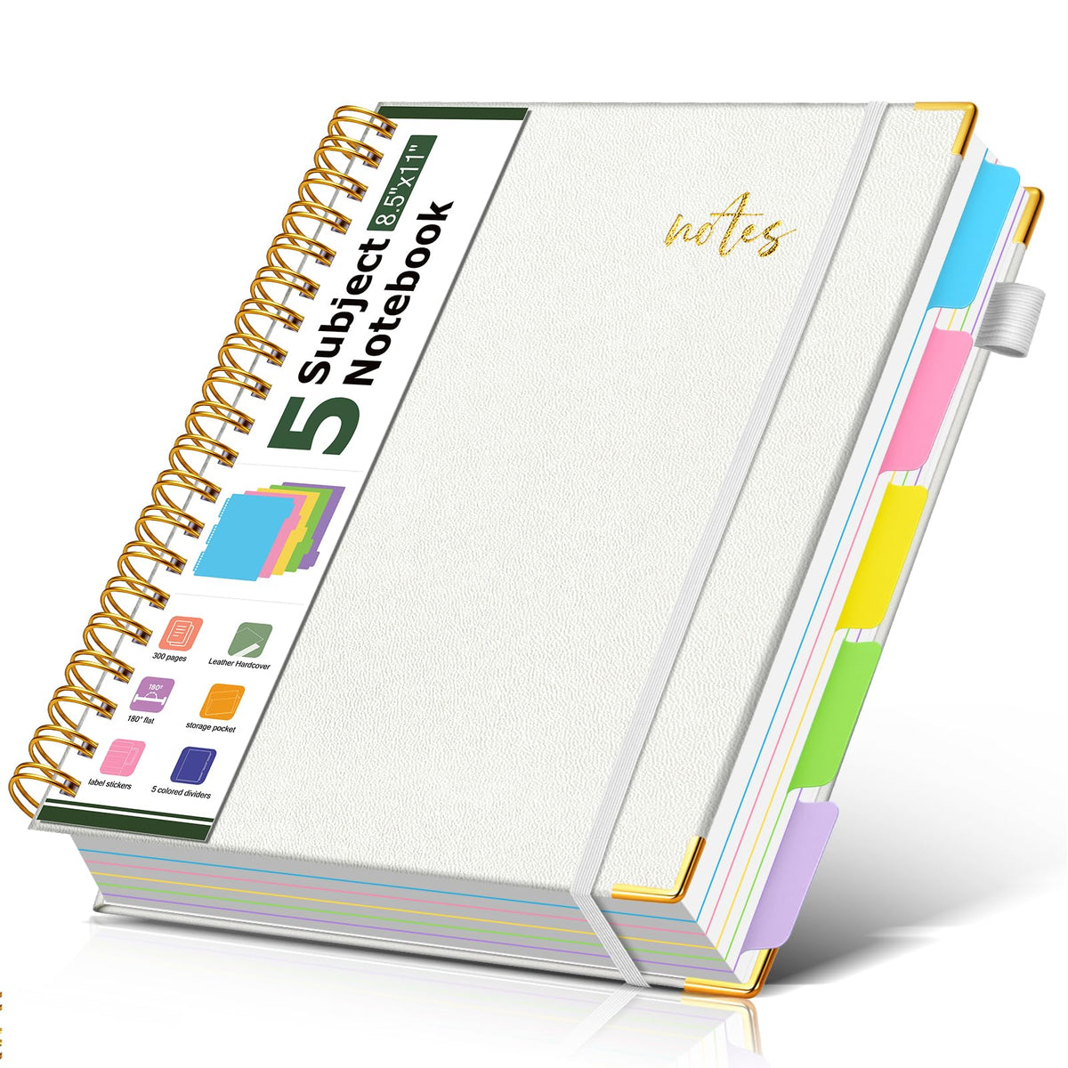 5 Subject Spiral Notebook Journal with Removable Dividers Tabs, 300 Pages Organizer Notebooks for Work School, 8"x10" Hardcover Leather Notebook College Ruled, Large Lined Journal for Women Men,Green