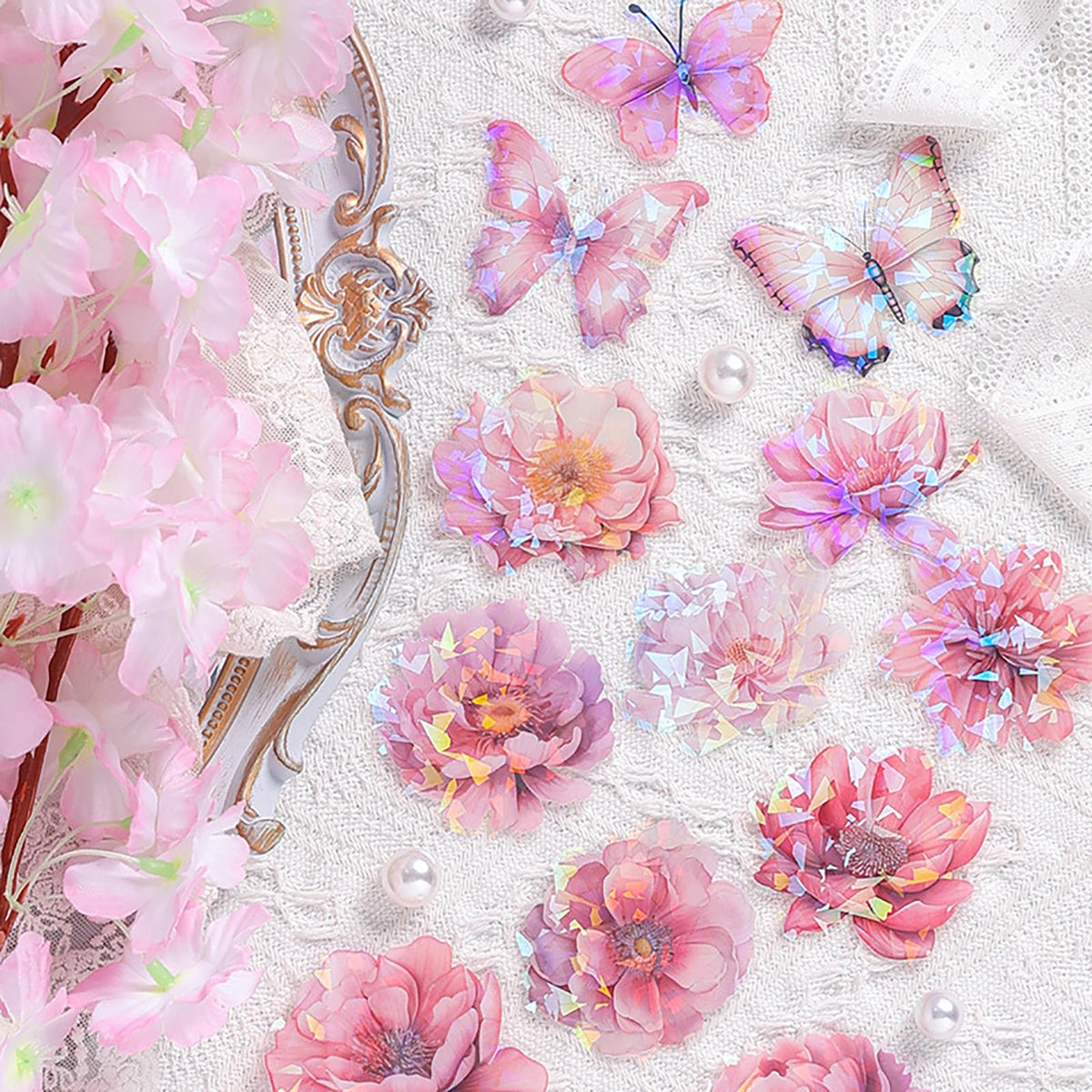 Doraking 60 Pieces Glitter Shiny Flower Stickers for Journaling Art Crafts