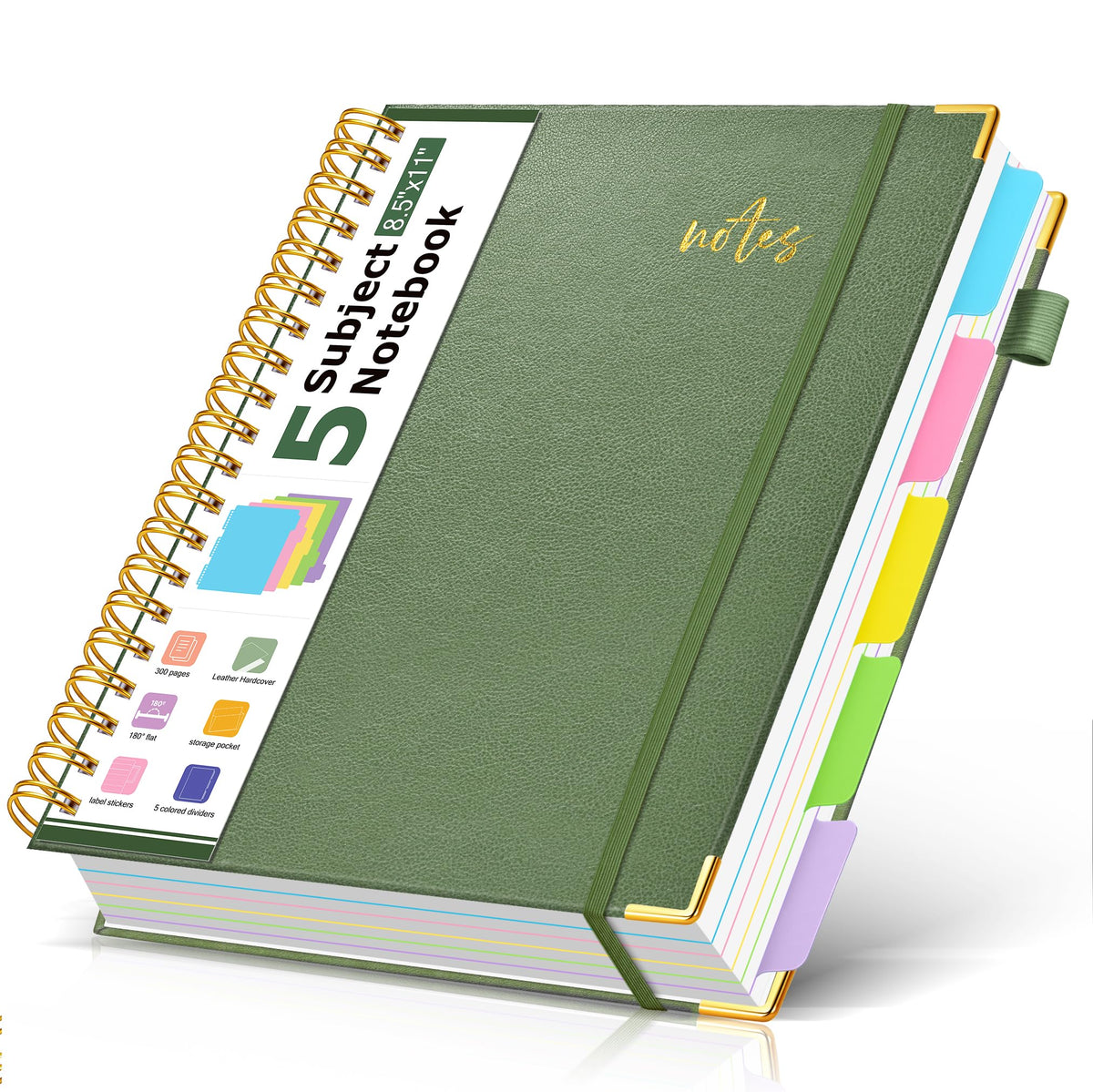 5 Subject Spiral Notebook Journal with Removable Dividers Tabs, 300 Pages Organizer Notebooks for Work School, 8"x10" Hardcover Leather Notebook College Ruled, Large Lined Journal for Women Men,Green