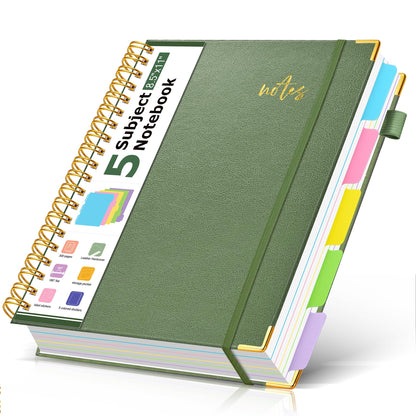 5 Subject Spiral Notebook Journal with Removable Dividers Tabs, 300 Pages Organizer Notebooks for Work School, 8"x10" Hardcover Leather Notebook College Ruled, Large Lined Journal for Women Men,Green