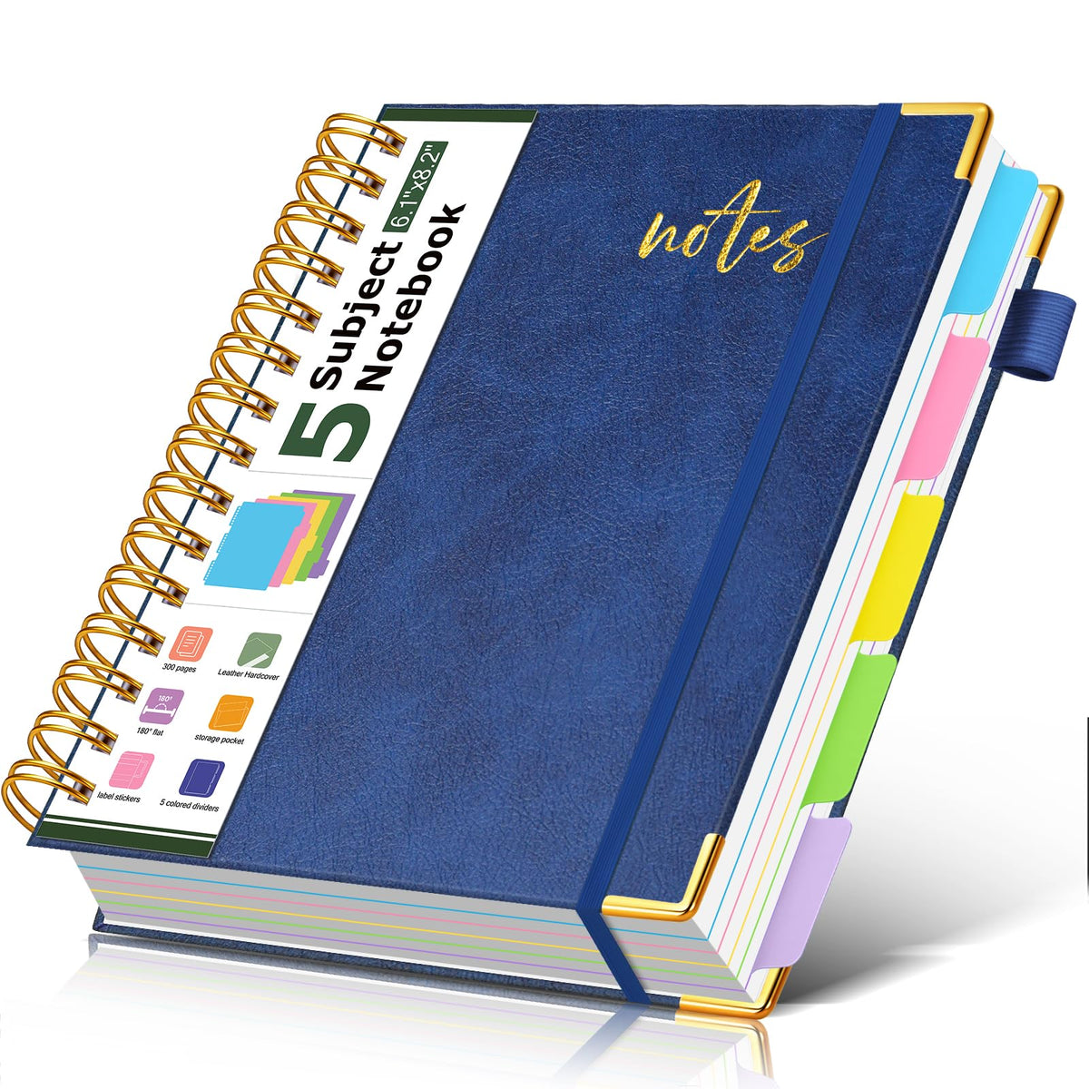 5 Subject Spiral Notebook Journal with Removable Dividers Tabs, 300 Pages Organizer Notebooks for Work School, 8"x10" Hardcover Leather Notebook College Ruled, Large Lined Journal for Women Men,Green