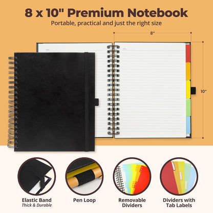 Hardcover Lined Spiral Notebook with Removable Dividers Leather Bound Black