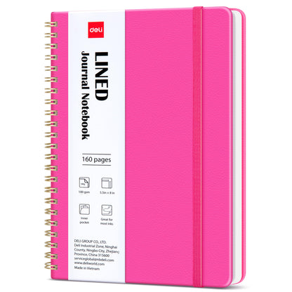 deli Pink Lined Spiral Journal Notebook, 160 Pages, A5 (5.5"x8") Hardcover Writing Notebook, College Ruled Spiral Bound Journal for Women & Men - Perfect for Work, School, Office & Note Taking