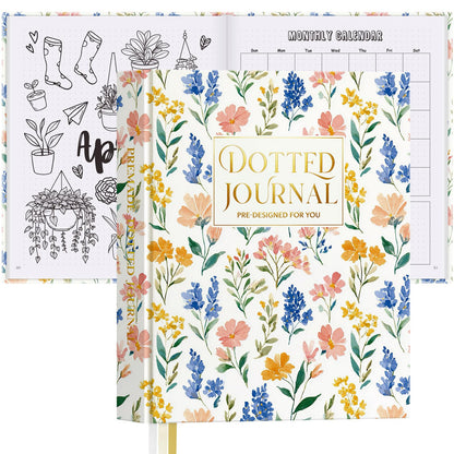 Everloria Premade Dotted Journal Notebook, 12 Months Pre-made Bullet Templates, 260 Hand-Drawn Coloring Pages, Undated Weekly & Monthly Planner, 7.8"x9.3" Leather Dot Grid Habit Mood Tracker