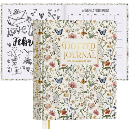 Everloria Premade Dotted Journal Notebook, 12 Months Pre-made Bullet Templates, 260 Hand-Drawn Coloring Pages, Undated Weekly & Monthly Planner, 7.8"x9.3" Leather Dot Grid Habit Mood Tracker