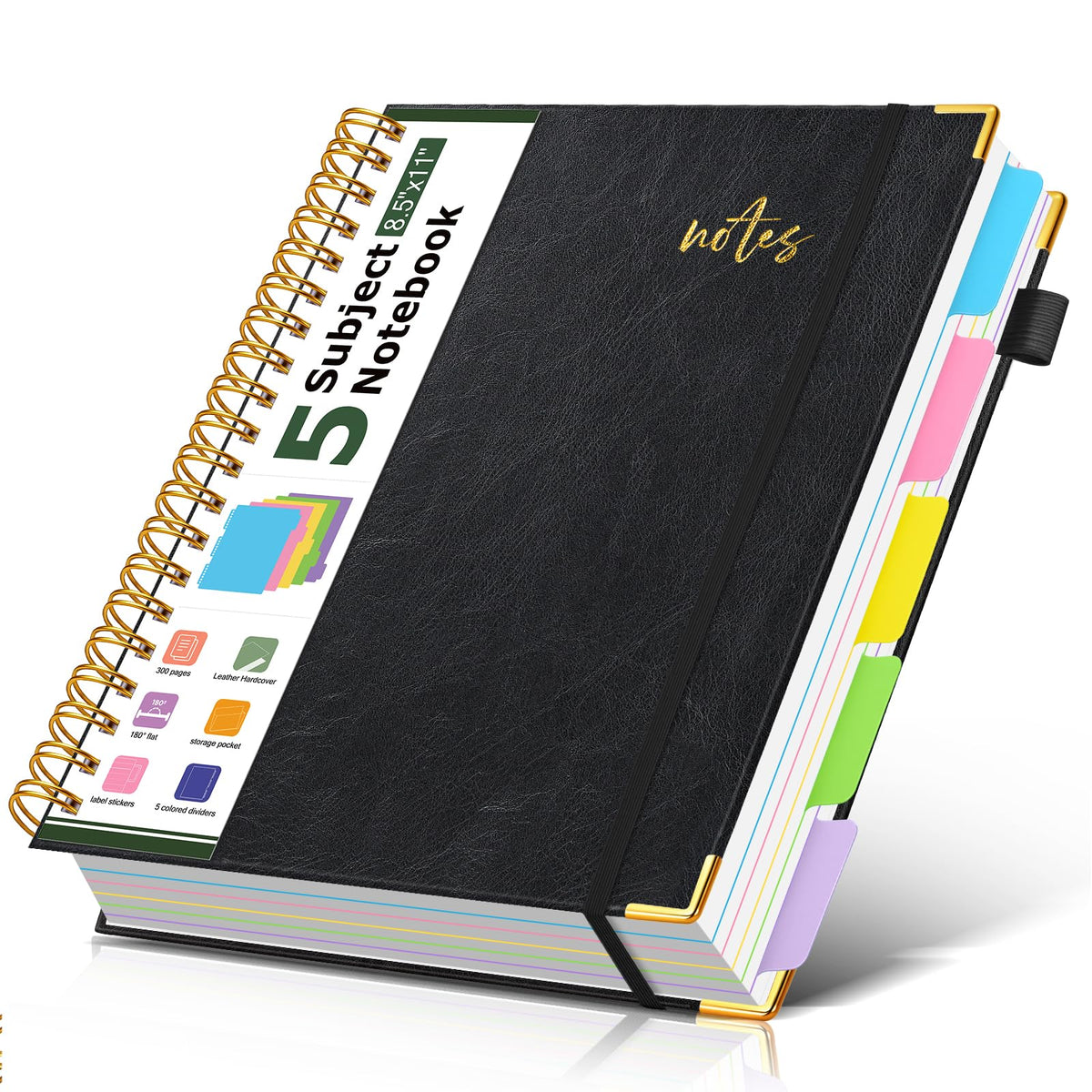 5 Subject Spiral Notebook Journal with Removable Dividers Tabs, 300 Pages Organizer Notebooks for Work School, 8"x10" Hardcover Leather Notebook College Ruled, Large Lined Journal for Women Men,Green